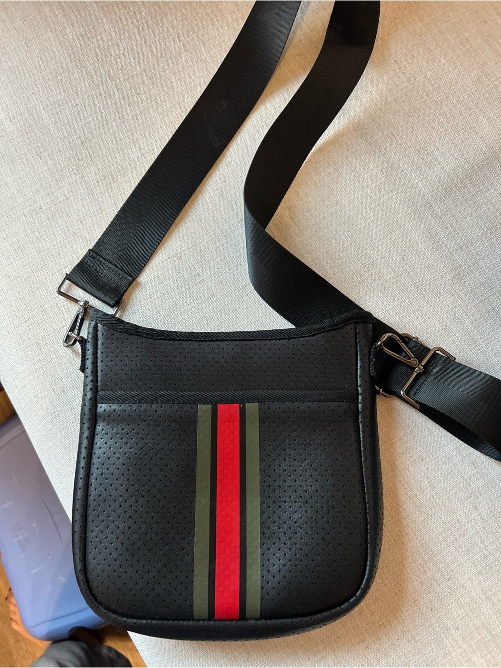 HAUTE SHORE Black Crossbody Messenger with Red & Olive Stripes